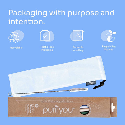 purifyou Extra Long 14.5" Reusable Silicone Straws, Flexible Tips, Cleaning Brush, Portable Case - Set of 4
