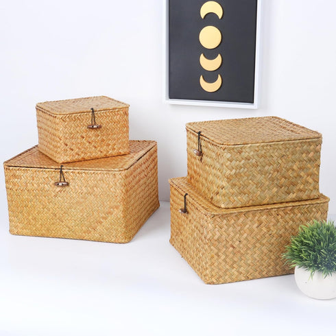 Wicker Shelf Baskets with Lid, Handwoven Seagrass Storage Basket Bins for Home Decor Organizer (Natural, Small)