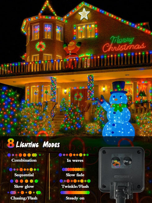 6 Pack 198FT 600 8 Christmas Solar String Lights Outdoor Waterproof, LED Green Wire Solar Fairy Lights with Modes