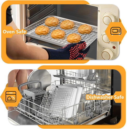 TeamFar Toaster Oven Pan with Rack Set, 10.5 x 8 x 1 Inch Stainless Steel Baking Pan Tray with Grid Rack