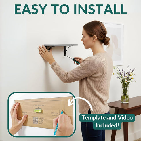 Reinforced Steel Bracket Grey Wall Shelves - Easy to Install, Template and Video Included - Grey Shelf for Wall, Gray