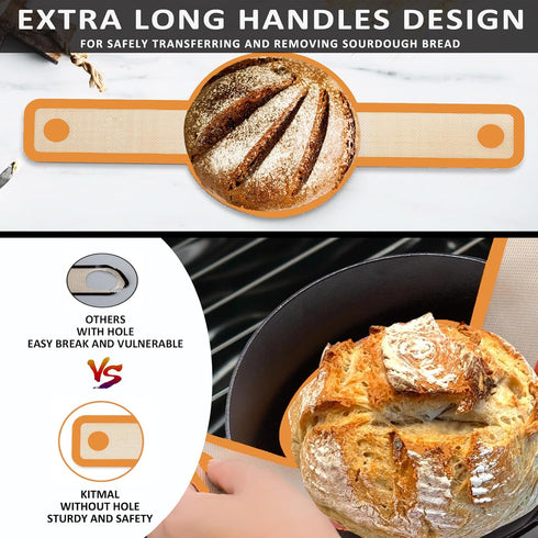 KITMAL Non Stick Reusable Silicone Baking Mat with Long Handles, Silicone Bread Sling Oval and Round, Orange