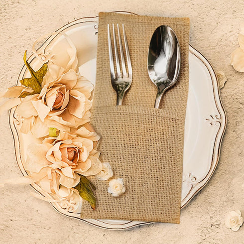 FQTANJU 50 Pcs Burlap Utensils Holders, 4"x8.8" Natural Jute Cutlery Pouch for Rustic Wedding Party Decorations