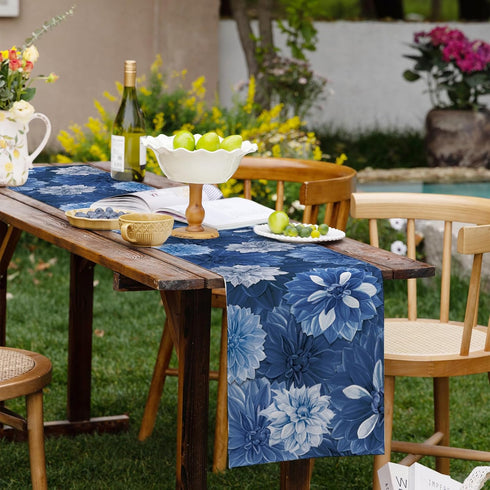 Summer 13x108 Inch Navy Blue Dahlia Flower Spring Table Runner Blue Gray Burlap Table Runners, Floral Seasonal Coffee