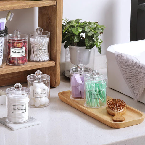 6 Pack Qtip Holder Dispenser for Cotton Balls, Swabs, Pads - Clear Plastic Apothecary Jar Set