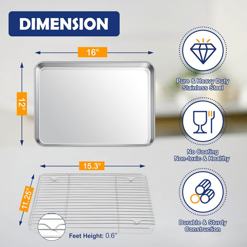 16” Baking Sheet & Rack Set, Joyfair Stainless Steel Cookie Sheet Pan with Cooling Rack for Baking/Roasting/Grilling, Oven & Dishwasher Safe, Commercial Quality & Heavy Duty, Rust Free & Non Toxic