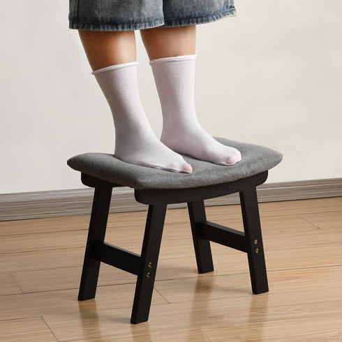 Stylish Bamboo Footrest Ottoman with Gray Cushion and Black Legs - Small Size