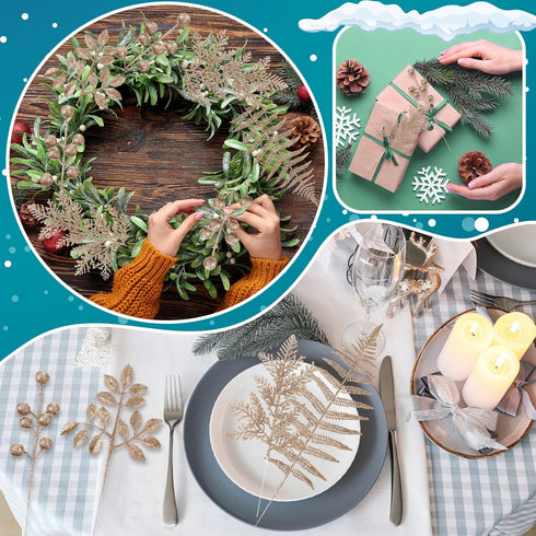 Moucuny 40 Set Pcs Christmas Glitter Artificial Picks Leaf Sprays Cedar Picks Glitter Berries Stems Tropical Leaf Pine