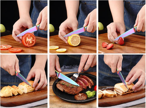 WELLSTAR Utility Knife, 4 Inch Serrated Paring Knife with Super Sharp Rainbow High Carbon Stainless Steel Blade