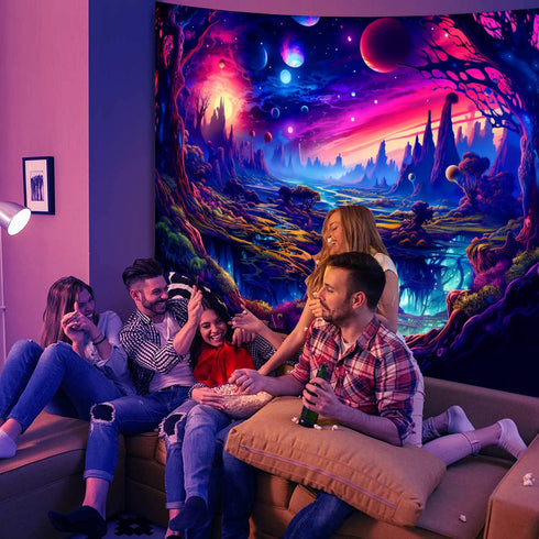 Simpkeely Fantasy Planet Tapestry, Blacklight Forest Natural Landscape Retro Aesthetic Wall Hanging, UV Reactive Sunset Trees Tapestries for Bedroom, Living Room - 59" x 80"
