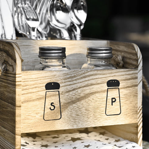 Ikee Design 2 Piece Wooden Utensil Caddy Set - Includes Free Salt Pepper Shaker, Oak Color Silverware Holder for Kitchen