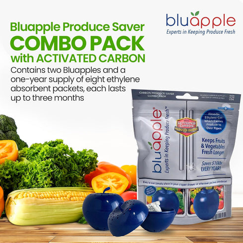 Bluapple Produce Saver Ethylene Gas Absorber 1 Year Combo Pack, 2 Bluapples + 8 Packets, Vegetable & Fruit Freshness