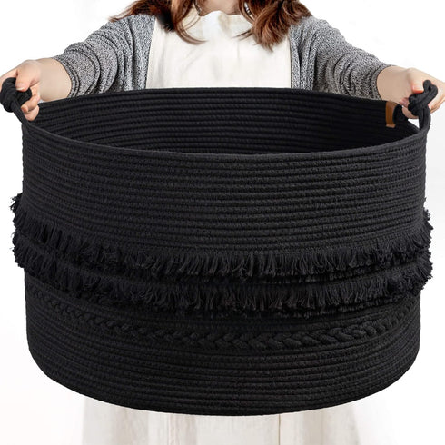 CherryNow Extra Large Black Laundry Basket - Rope Storage for Bathroom, Bedroom, Living Room, 22 x 14 inches
