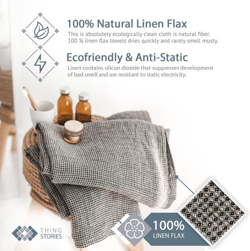 Pure 100% Linen Hand Towels - Set of 2 Waffle Weave Kitchen Towels, Black-Natural, 13 x 29-inch Quick-Dry Dish Towels