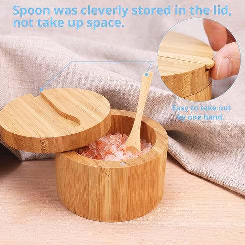 HTB Bamboo Salt Cellar with Mini Spoon, Kitchen Salt Box with Swivel Magnetic Closure Lid, Round Salt Container