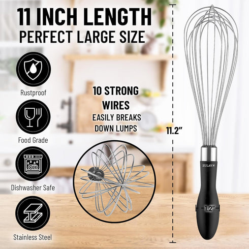 Zulay 11-Inch Stainless Steel Whisk - Balloon Whisk Kitchen Tool With Soft Silicone Handle - Thick Durable Wired Whisk Utensil For Blending, Beating, Whisking, Frothing, Stirring & More (Black) by Zulay Kitchen