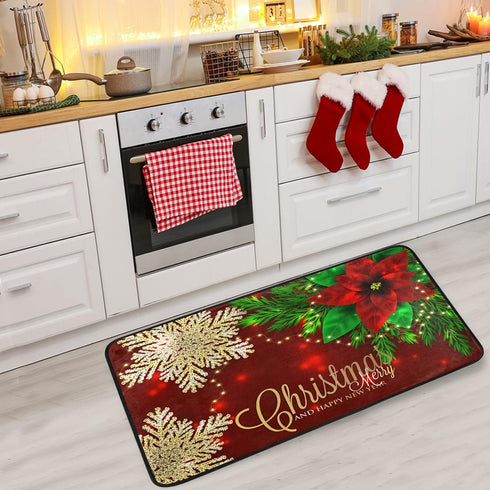 Christmas Kitchen Rugs Red Poinsettia Flower Non Slip Soft Mats, Anti Fatigue Bath Rug Runner Doormats for Home Decor