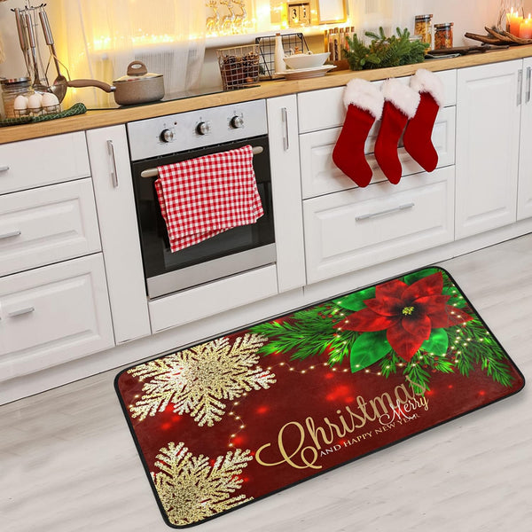 Christmas Kitchen Rugs Red Poinsettia Flower Non Slip Soft Mats, Anti Fatigue Bath Rug Runner Doormats for Home Decor