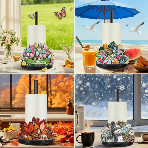 LemonRoad 17 4th Countertop Summer(Fresh) Pcs Holiday Interchangeable Kitchen Paper Towel Holder Wooden Sunflower