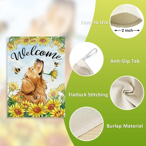 Welcome Spring Summer Golden Retriever Dog Decorative House Flag, Sunflowers Bee Garden Yard Outside Decorations, 28 x