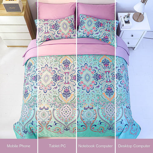 Set, 5 Set DHSFKBE Twin Comforter Piece Bed in a Bag, Boho Aqua and Lilac Damask Medallion Print Comforter with Sheets