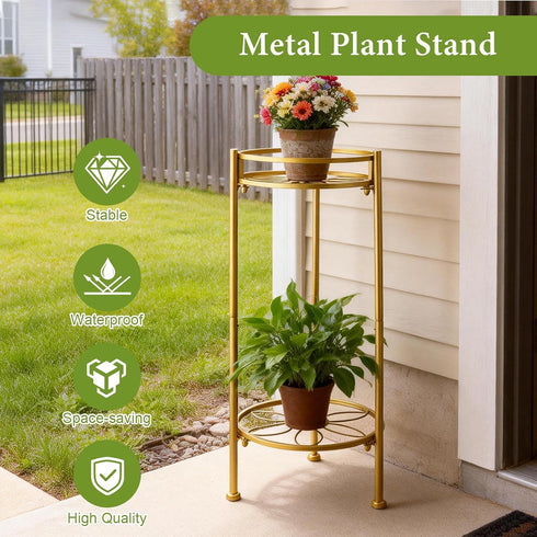 Decivems 2 Tier Metal Plant Stand, Sturdy Heavy Duty Adjustable Two Tier Flower Pot Holder for Indoor Outdoor, Small