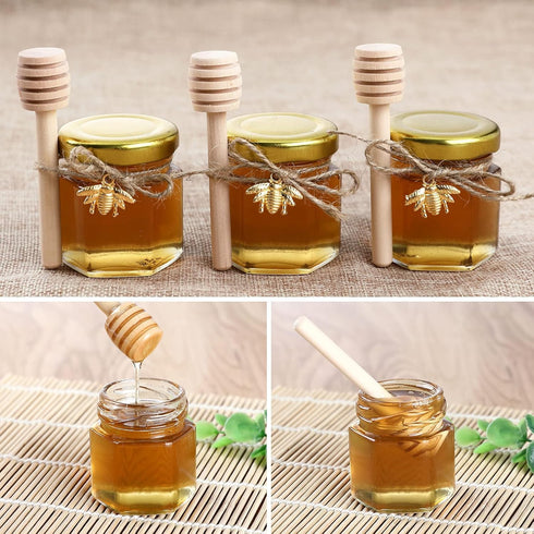 1.5 oz Hexagon Mini Glass Honey Jars - 30 Pack with Wood Dipper, Gold Lid, Bee Pendants, Jutes - Perfect for Baby