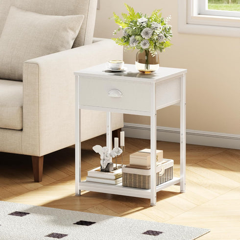 2 Furologee White Nightstand with Fabric Drawer, Small Side Table for Small Spaces, Tiers Storage Shelves End Table