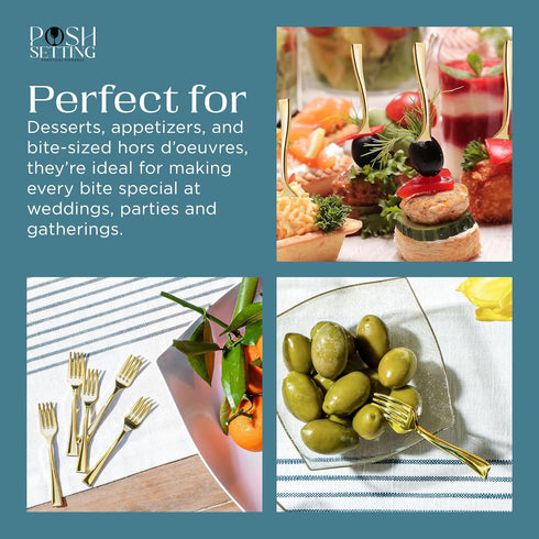 Posh Setting - Plastic Mini Gold Forks, Disposable Tiny Gold Forks, 4 inch Gold Plastic Forks, Appetizer Forks, 80 Pack