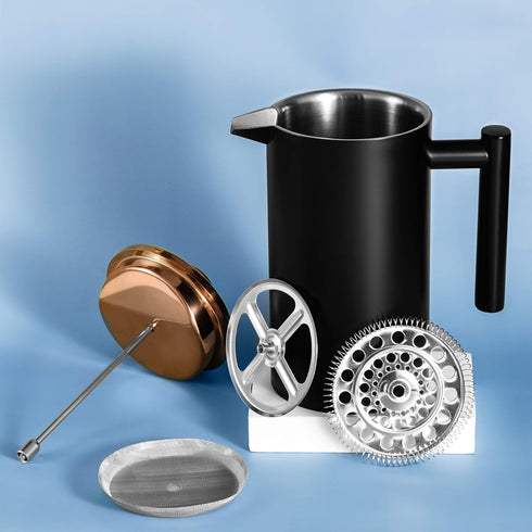Black French Press Coffee Maker 12oz, Stainless Steel Insulated Coffee Press with Rose Gold Lid, 2 Extra Screens & 1
