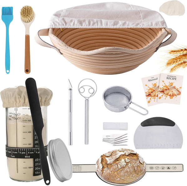 Complete Sourdough Starter Kit with Banneton Proofing Basket & Dough Scraper All-in-One