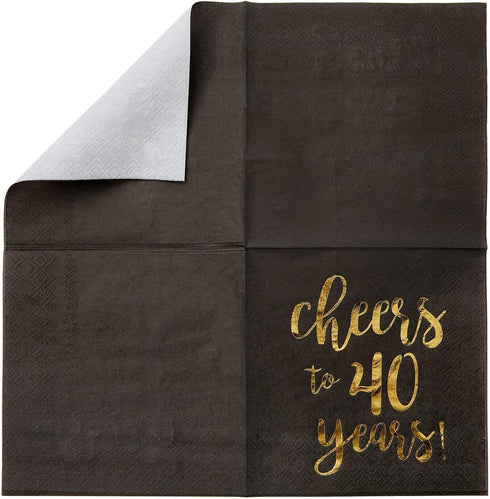 BLUE PANDA 40th Birthday Napkins - 50-Pack 3-Ply 5 x 5 in Black & Gold Foil - Cheers to 40 Years Design for Birthday &