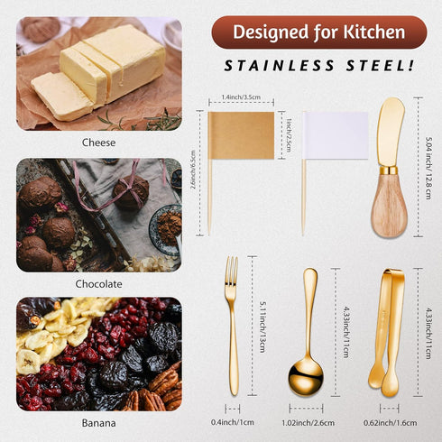 14 Pieces Cheese Butter Spreader Knives Set Charcuterie Accessories Stainless Steel Spreader Knives with Wooden Handles Charcuterie Boards Utensils Mini Serving Tongs Spoons and Forks (Gold) by Patelai