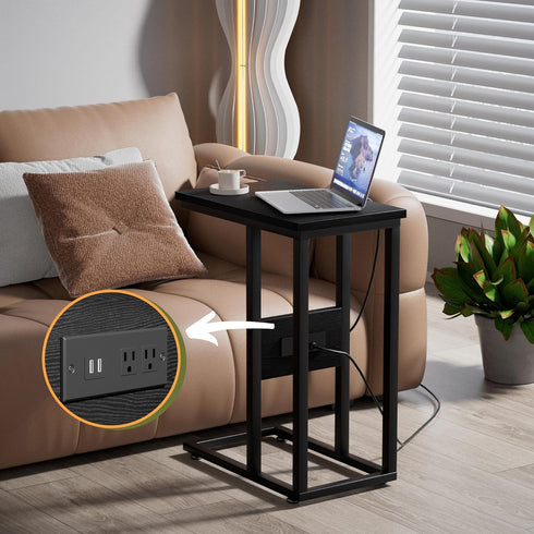 1 Set,Black VECELO C Shaped End Table with Charging Station & Power Outlets, Quick Access Side Table for Sofa, C