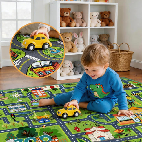 2.5x4 Kids Car Rug Play Mat Feet City Life Road Traffic Carpet for Bedroom Playroom Non Slip Backing Washable Floor Mat
