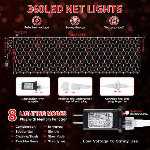 360LED Bulbs, 8 (13 5 HEYFUNi Net Mesh String Lights, Red Light Lighting Modes, for Indoor Outdoor, Curtain, Christmas