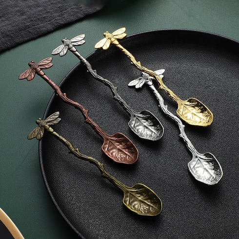 Gold Retro Dragonfly Spoon, Stainless Steel Coffee Spoon, Creative Sugar Spoon, Long Handle Spoon for Kitchen Dining