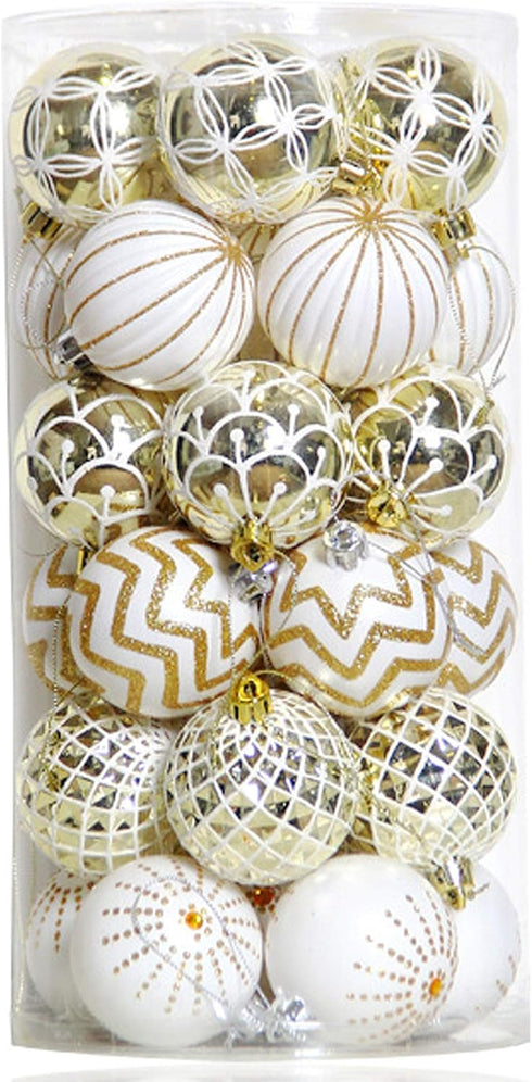 30PCS Christmas Balls Ornaments - 60MM Gold & White Painted Shatterproof Hanging Decorations for Tree