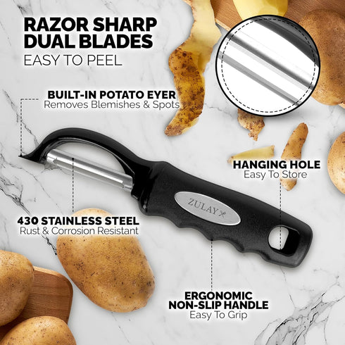 Zulay Kitchen Premium Vegetable Peeler - Swivel Peeler with Razor Sharp Stainless Steel Blades, Ergonomic Handle, Black