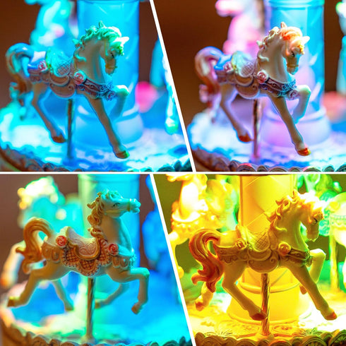 Elegant Blue Carousel Music Box,Handcrafted Rotating Horses & Floral Details Musical Figurine