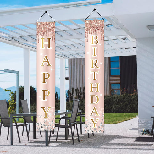 Pink Rose Gold Happy Birthday Door Banner Decorations, Birthday Party Porch Sign Supplies for Women Girls, Sweet 16th
