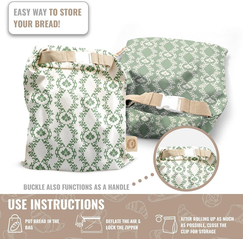 Cozy Set Bread Reusable Bread Bag for Home Bakers | USA Brand | Charming Bread Designs (Green Ornamental)