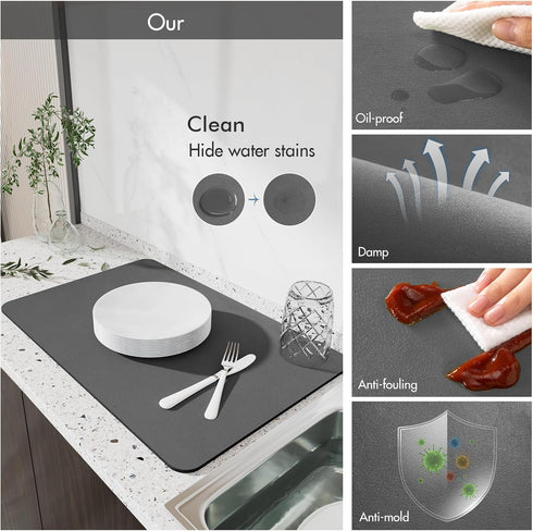 Drying Mat for Kitchen Countertops, Coffee Mat with Rubber Backing, Absorbent Dish Drying Mat (Dark Gray, 16"x20")