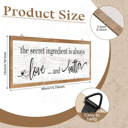 Jetec The Secret Ingredient Is Always Love and Butter Sign Funny Wood Kitchen Sign Funny Farmhouse Wall Kitchen Decor Rustic Kitchen Wall Decoration, 15.7 x 4.7 Inch(Light Brown)