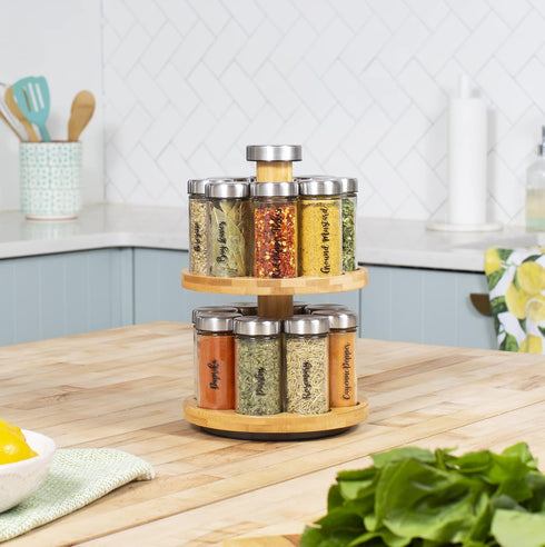 Orii 16 Jar Spice Rack with Included Spices - Rotating 2 Tier Bamboo Wood Countertop Organizer for Kitchen