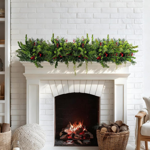 2PCS Bailikang Christmas Artificial Pine Needles Branches Table Decor with Red Berry Pine Cones Greenery Stems