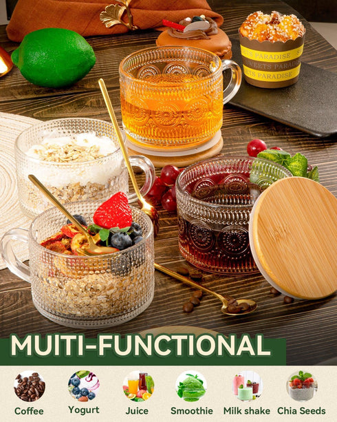 Semderm Set 4, 14oz Vintage Glass Coffee Mugs of Overnight Oats Containers with Bamboo Lids and Spoons - Clear Tea Cups