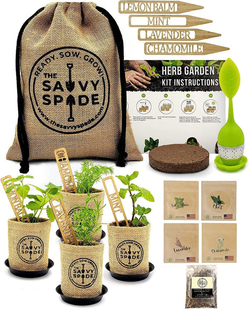 Tea Seeds Herb Garden Kit Indoor Non-GMO Heirloom Chamomile, Lavender, Mint, Lemon