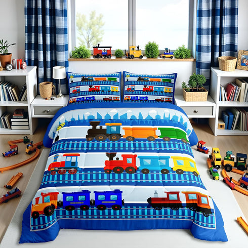 Set 2Pcs,City Sets Insert,1 Cartoon Train Comforter Kids Train Bedding Twin Size ,Colorful Vehicles Car Boys Bed in a