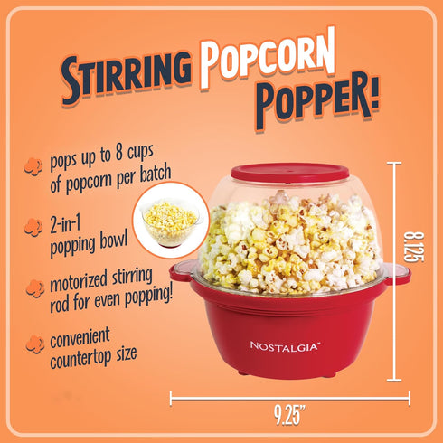 Nostalgia Classic Electric Stirring Popcorn Maker, Makes 8 Cups, Large Lid Doubles as Serving Bowl, Quick Heat Technology, for Kettle Corn and Roasted Nuts, Red by Nostalgia